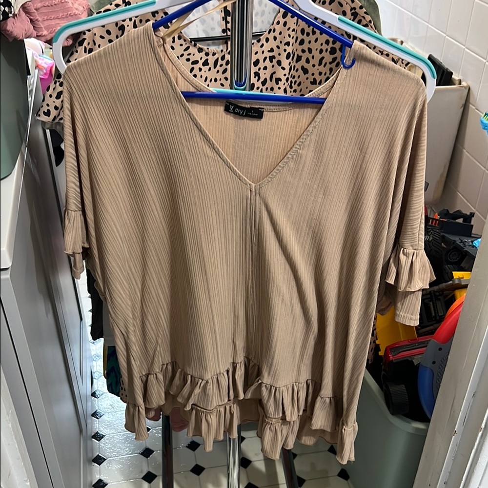 Tan Ruffled V-Neck Top